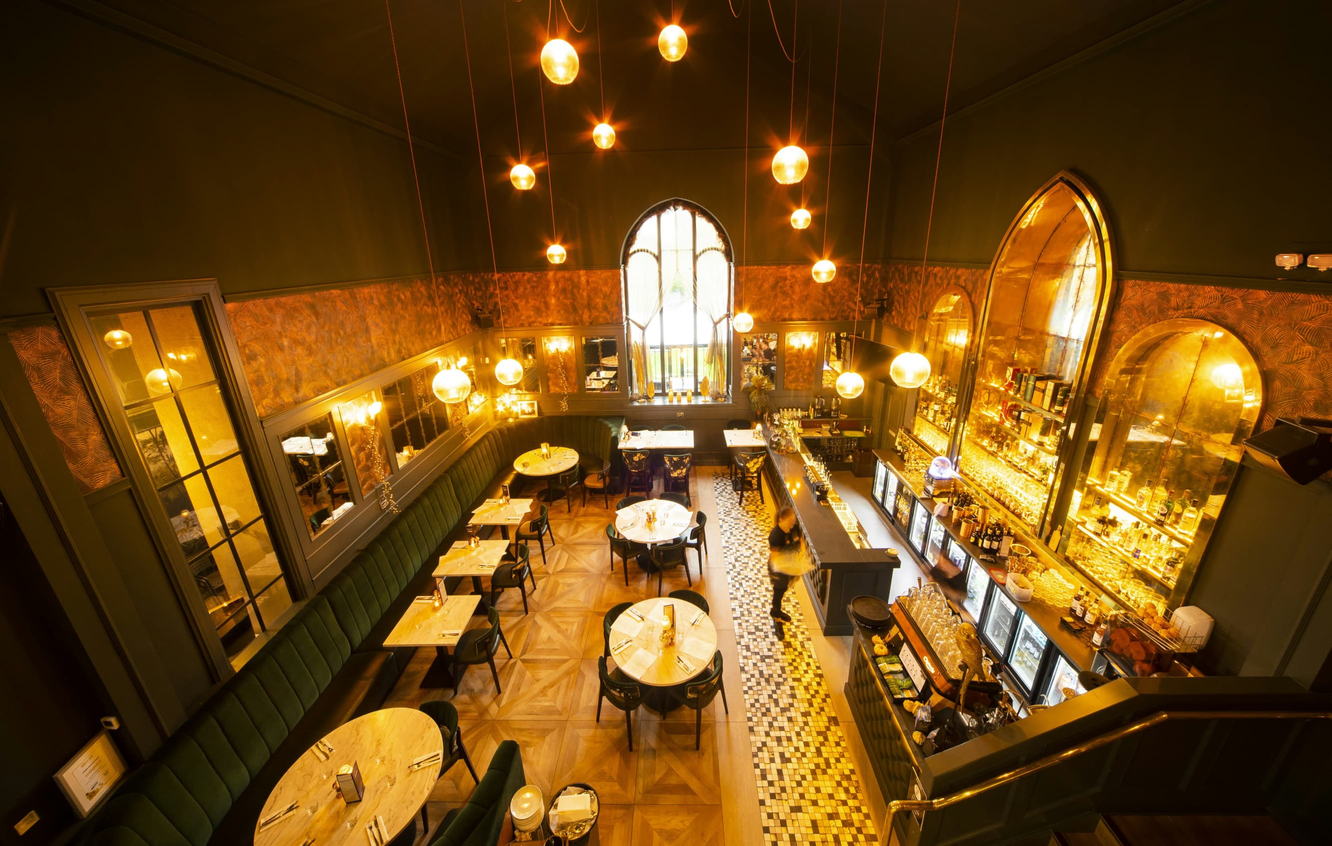 Restaurant interior with cozy seating and warm lighting